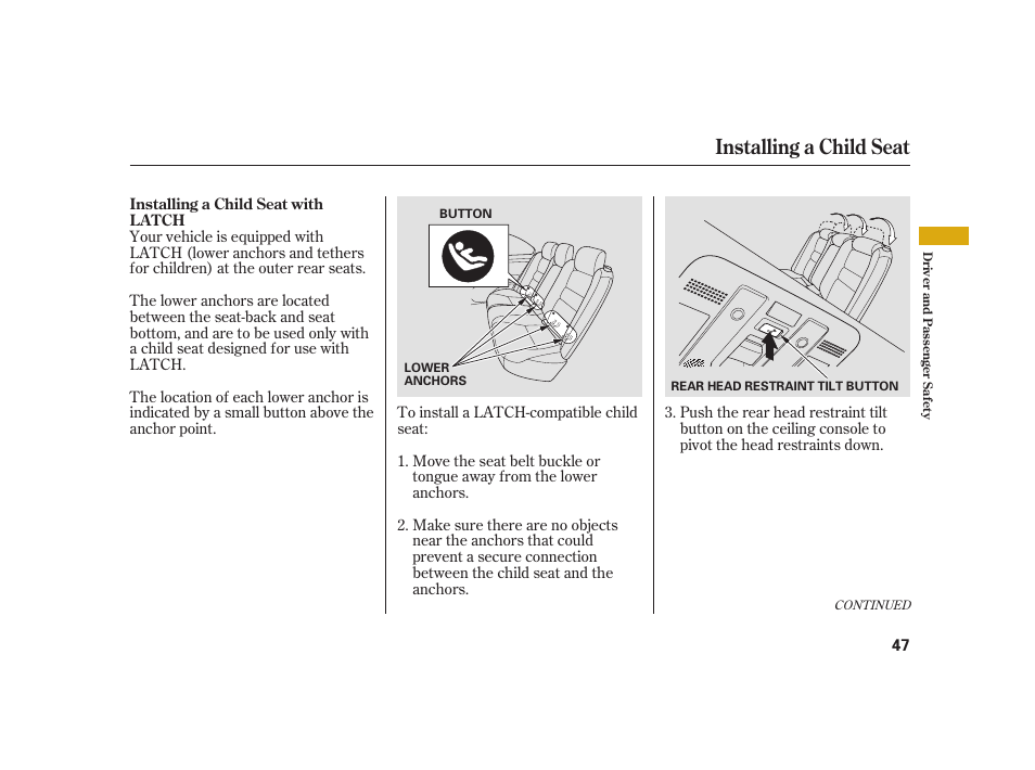 Installing a child seat | Acura 2008 RL User Manual | Page 53 / 502