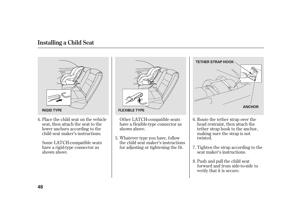 Installing a child seat | Acura 2008 RL User Manual | Page 54 / 502