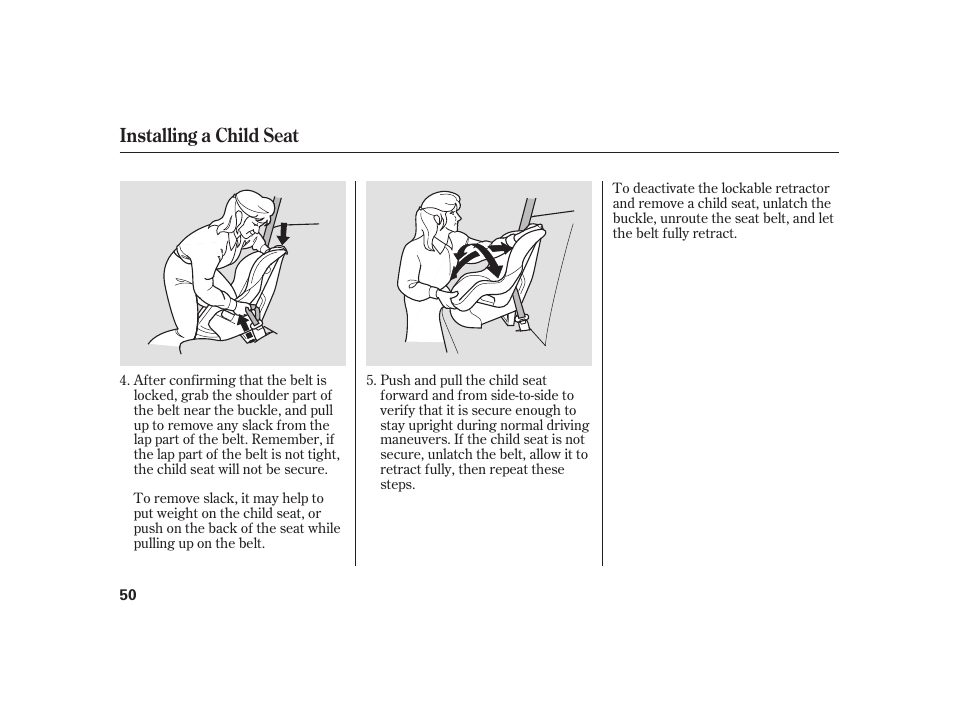 Installing a child seat | Acura 2008 RL User Manual | Page 56 / 502