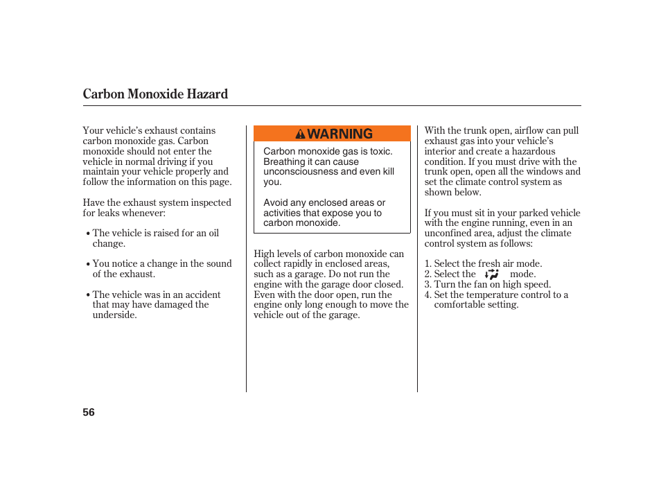 Carbon monoxide hazard | Acura 2008 RL User Manual | Page 62 / 502