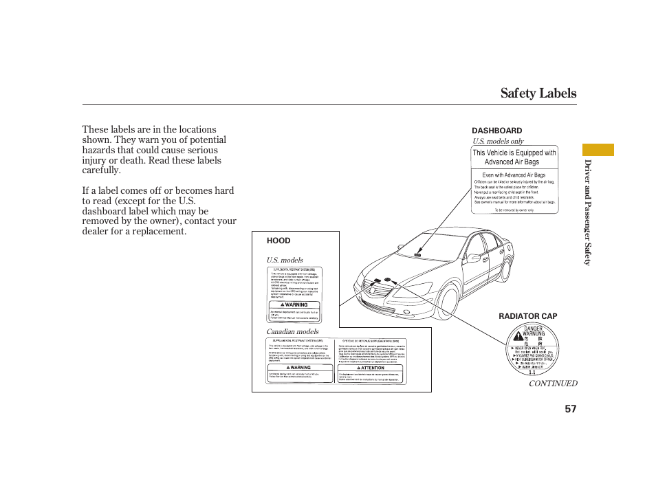 Safety labels | Acura 2008 RL User Manual | Page 63 / 502