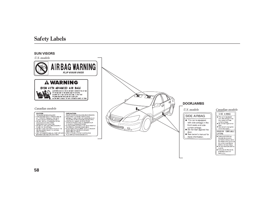 Safety labels | Acura 2008 RL User Manual | Page 64 / 502