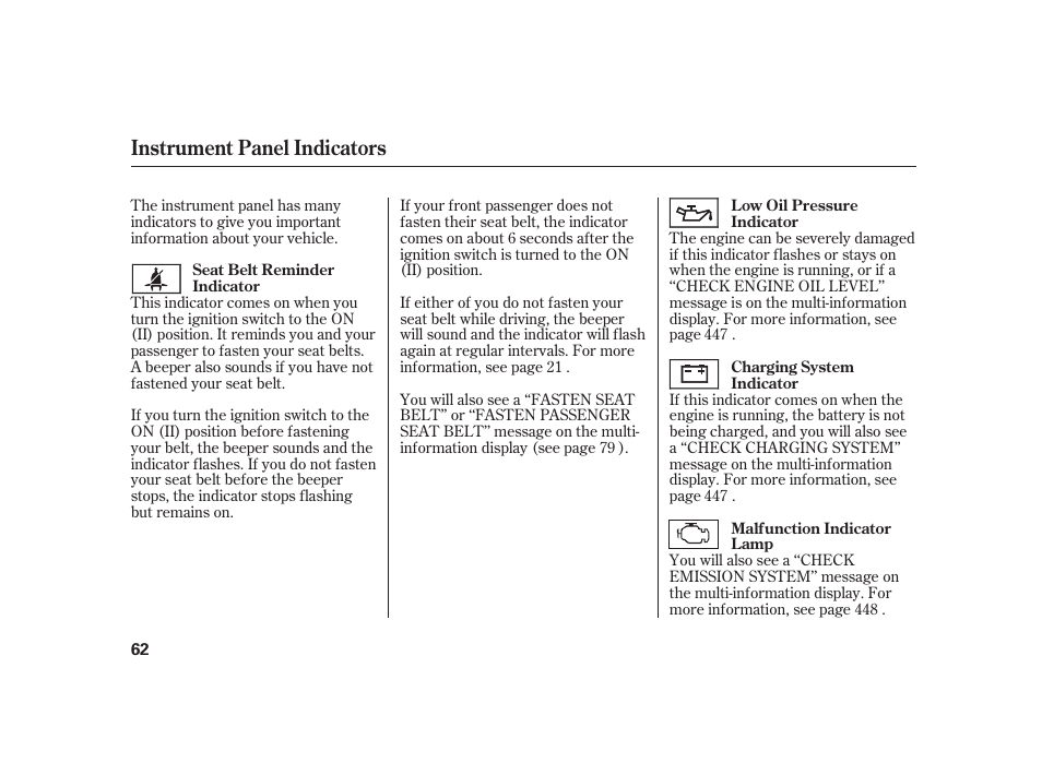 Instrument panel indicators | Acura 2008 RL User Manual | Page 68 / 502