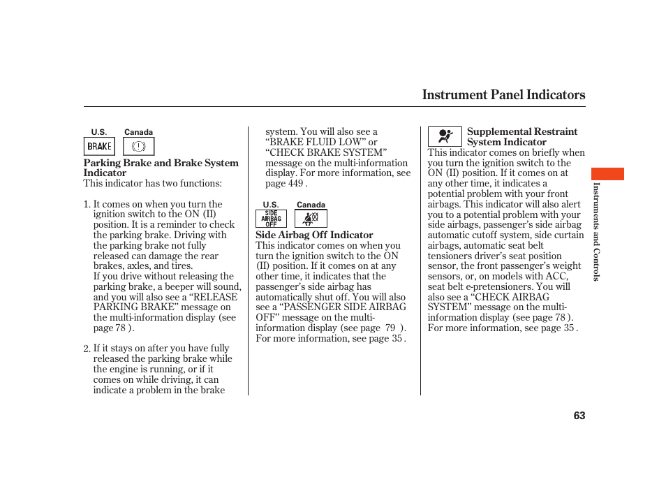 Instrument panel indicators | Acura 2008 RL User Manual | Page 69 / 502