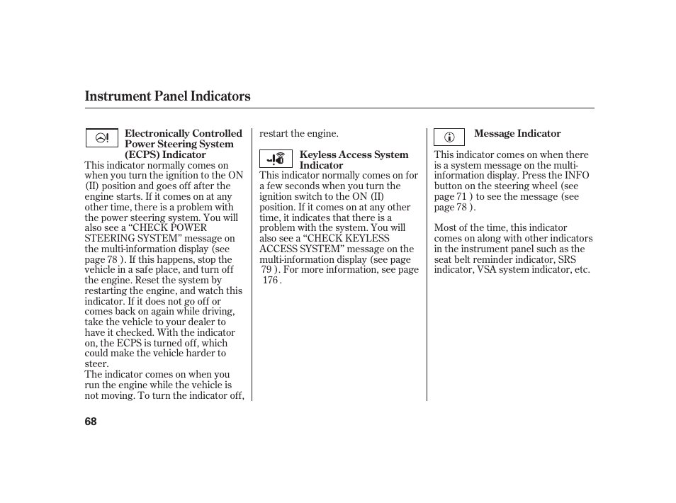 Instrument panel indicators | Acura 2008 RL User Manual | Page 74 / 502