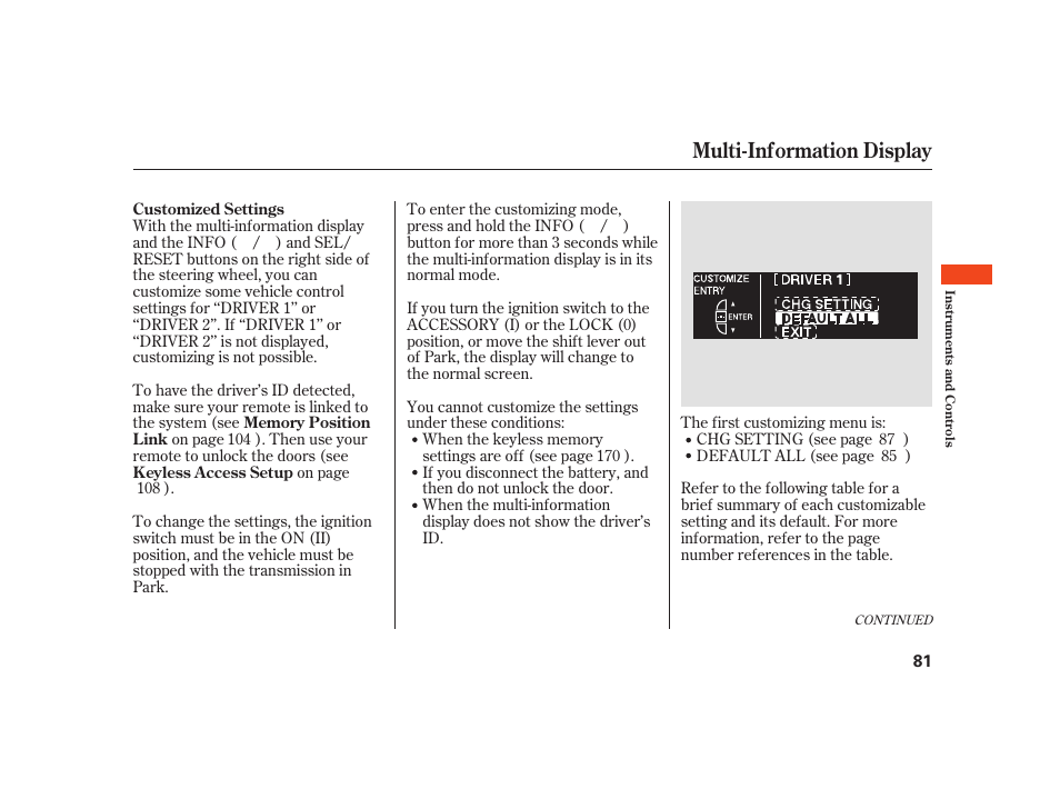 Multi-information display | Acura 2008 RL User Manual | Page 87 / 502