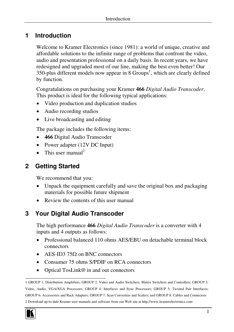 1 introduction, 2 getting started, 3 your digital audio transcoder | Kramer Electronics 466 User Manual | Page 4 / 15