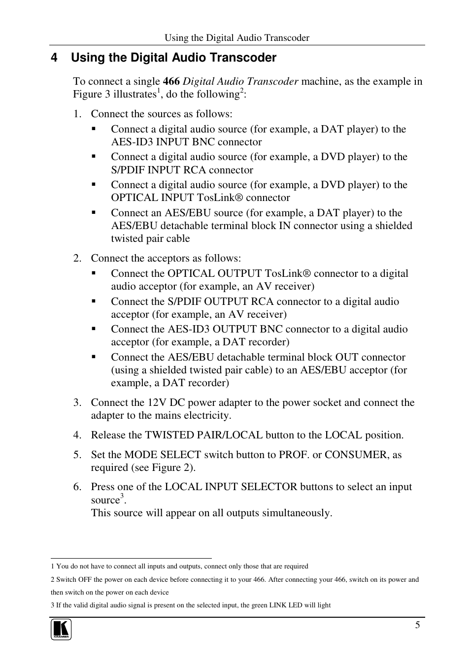 4 using the digital audio transcoder | Kramer Electronics 466 User Manual | Page 8 / 15