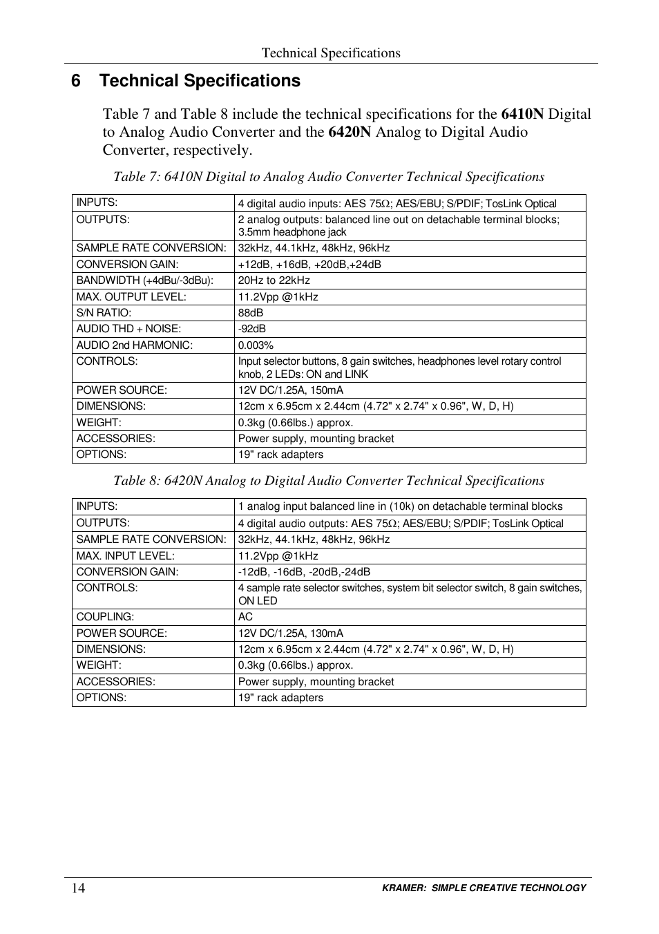 6 technical specifications, Technical specifications | Kramer Electronics 6420N User Manual | Page 16 / 18