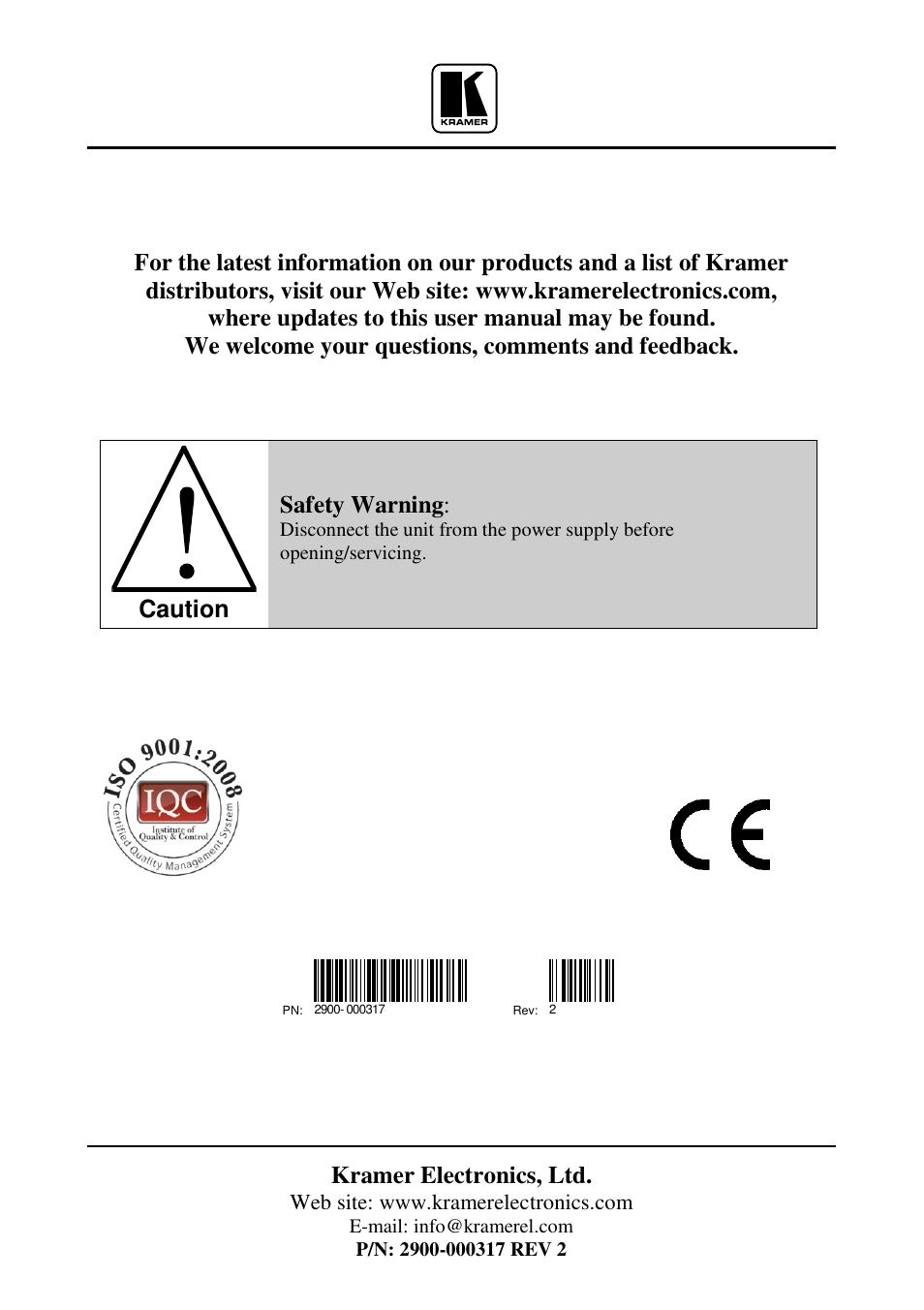 Kramer electronics, ltd, Caution, Safety warning | Kramer Electronics 6420N User Manual | Page 18 / 18