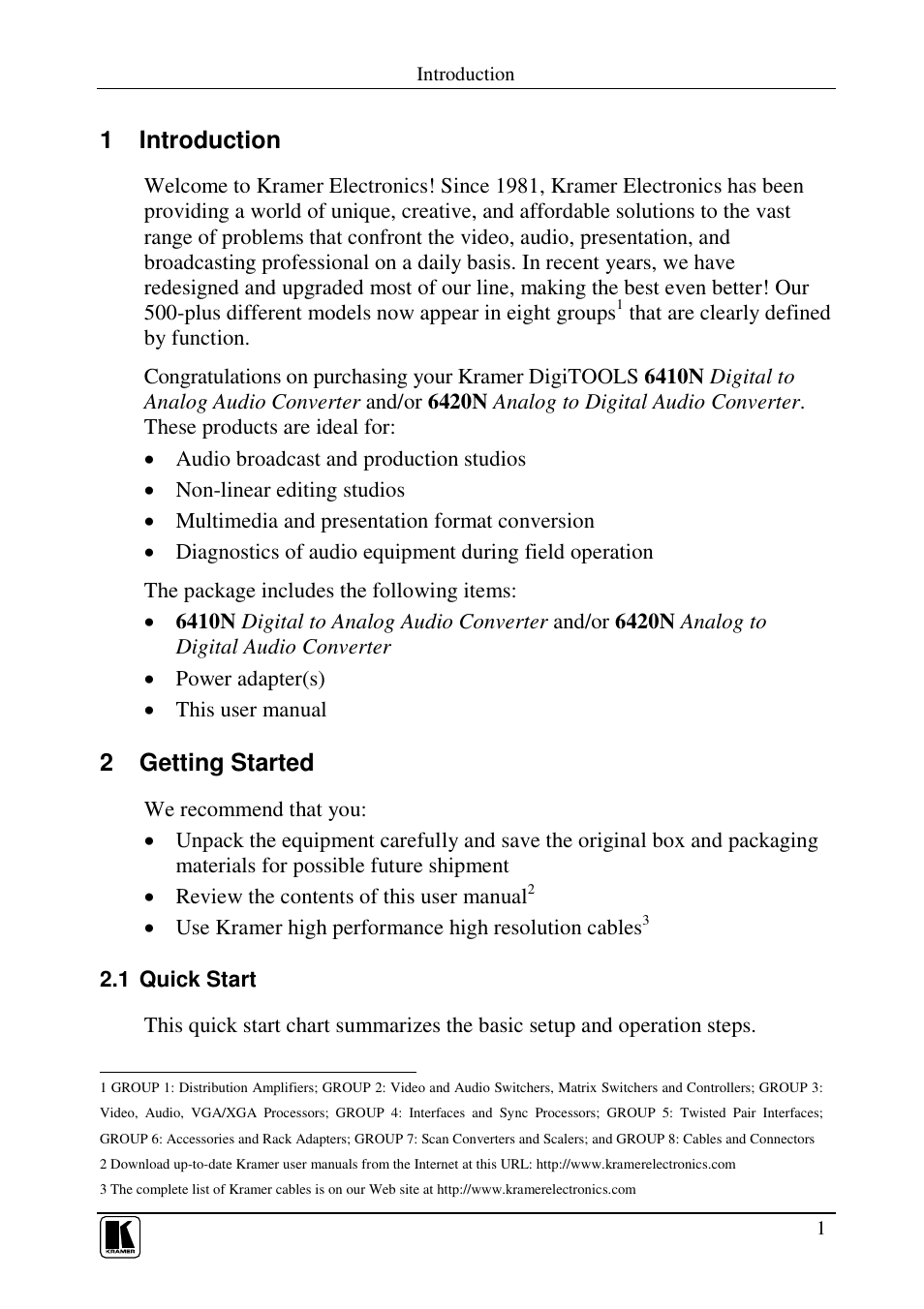 1 introduction, 2 getting started | Kramer Electronics 6420N User Manual | Page 3 / 18