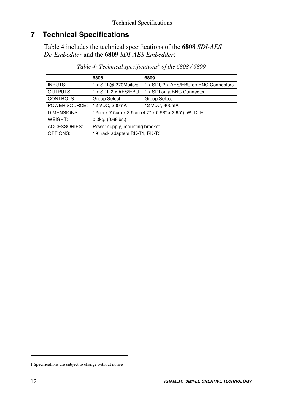 7 technical specifications | Kramer Electronics 6808 User Manual | Page 15 / 17