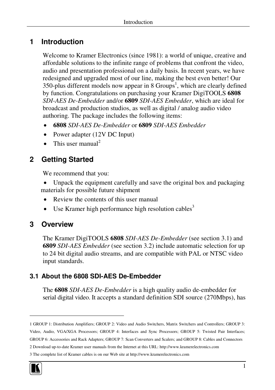 1 introduction, 2 getting started, 3 overview | Kramer Electronics 6808 User Manual | Page 4 / 17