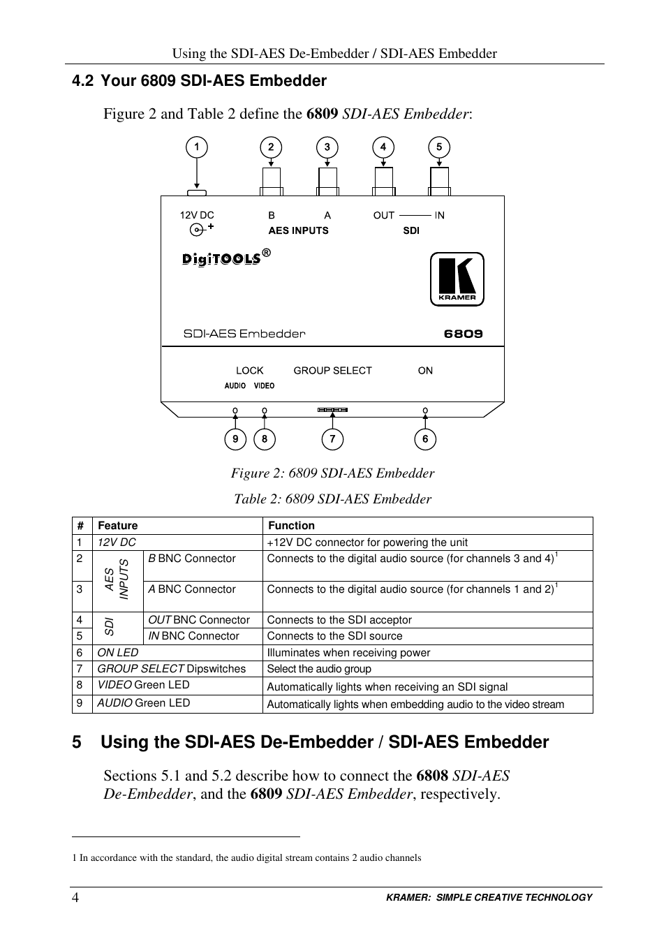 5 using the sdi-aes de-embedder / sdi-aes embedder, Using the sdi-aes de-embedder / sdi-aes embedder | Kramer Electronics 6808 User Manual | Page 7 / 17