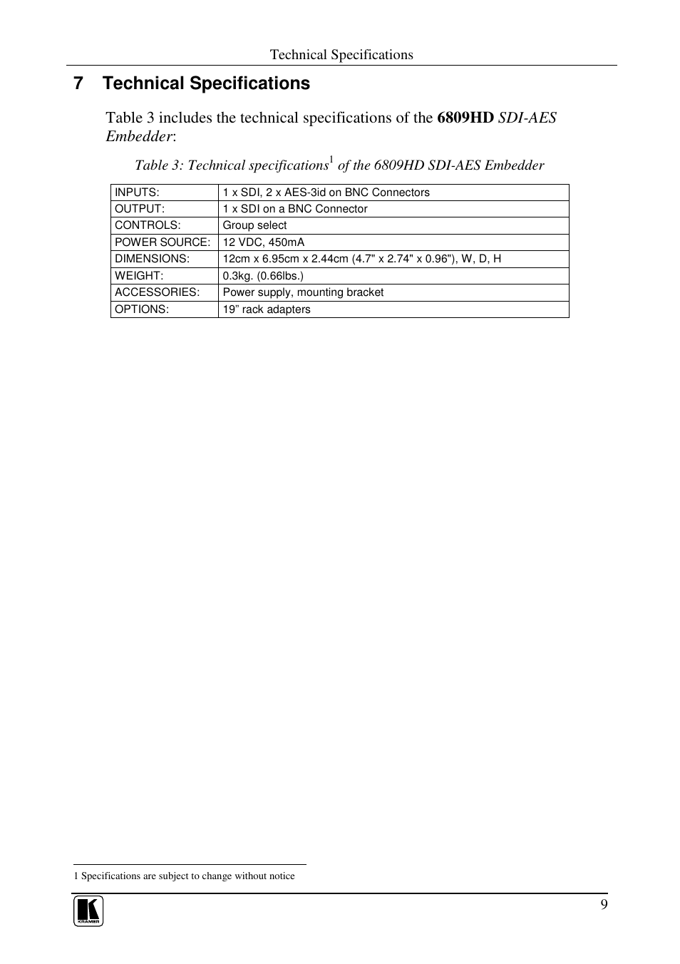 7 technical specifications | Kramer Electronics 6809HD User Manual | Page 11 / 13