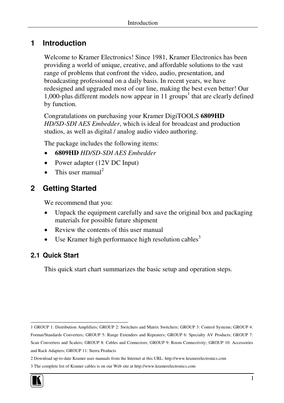 1 introduction, 2 getting started | Kramer Electronics 6809HD User Manual | Page 3 / 13