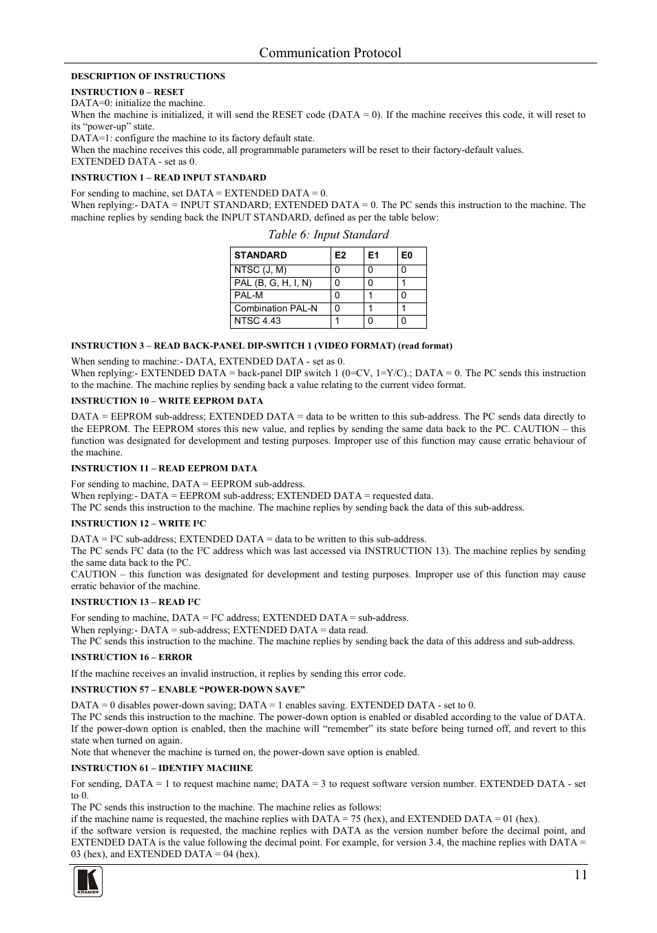 Table 6: input standard, Communication protocol | Kramer Electronics 7508 User Manual | Page 13 / 15