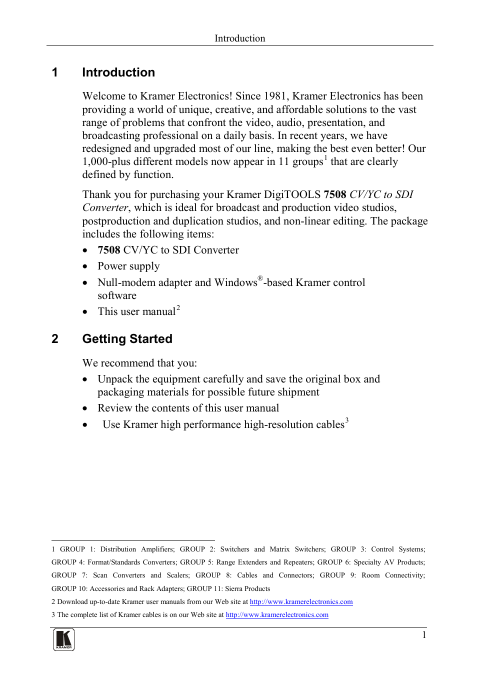 1 introduction, 2 getting started, Introduction | Getting started, 1introduction, 2getting started | Kramer Electronics 7508 User Manual | Page 3 / 15