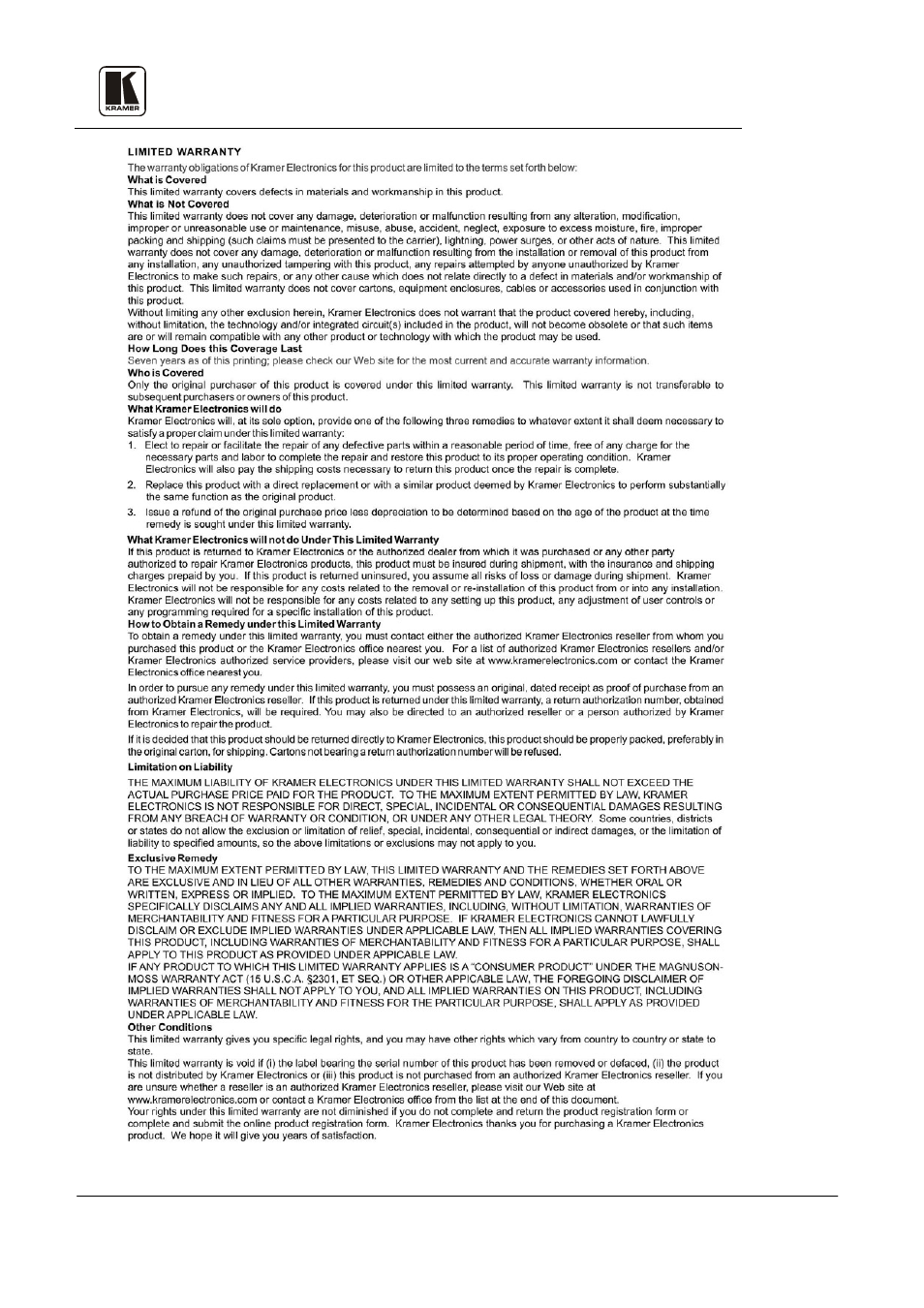Kramer electronics ltd. 22 | Kramer Electronics FC-10 User Manual | Page 25 / 26