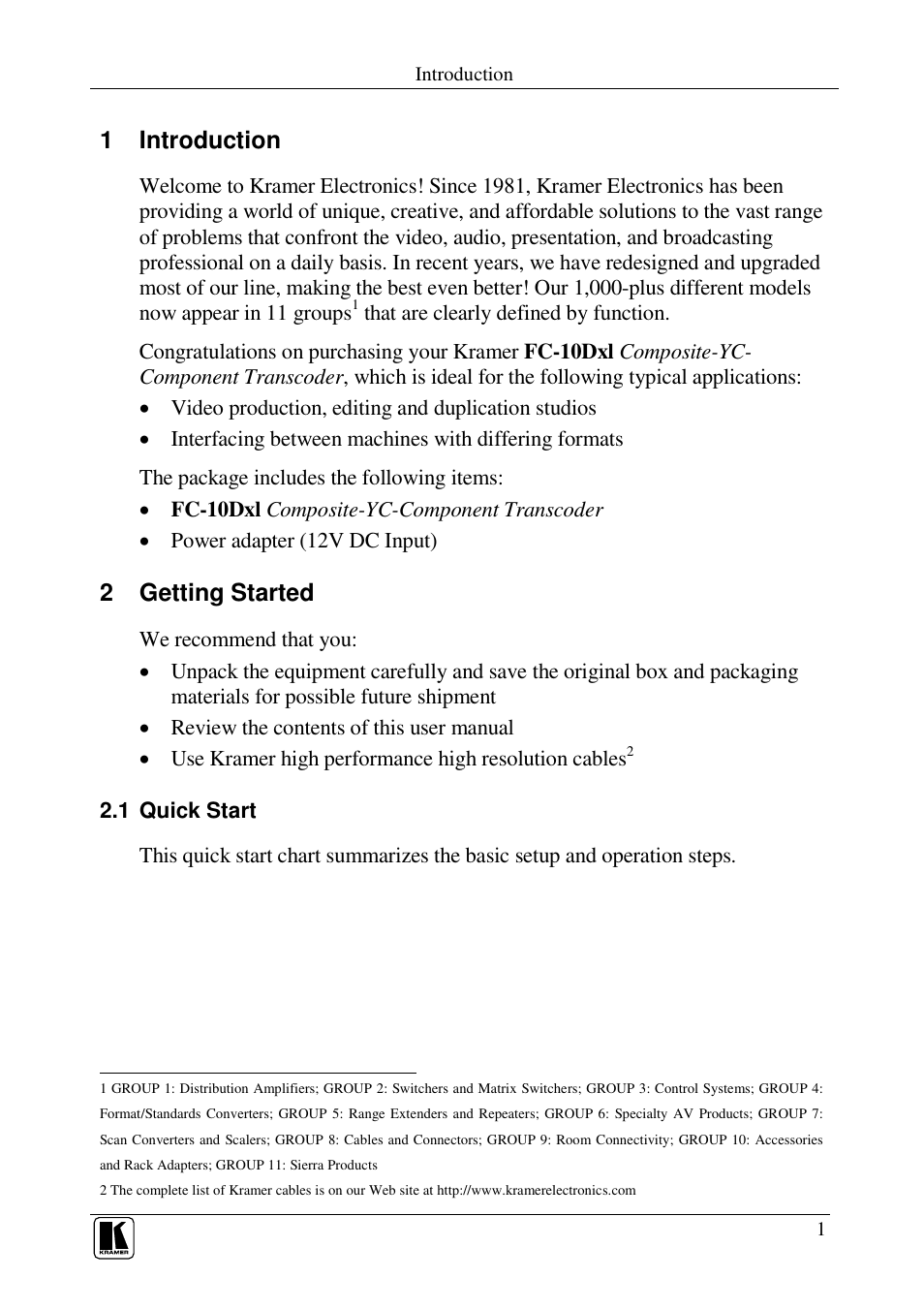 1 introduction, 2 getting started | Kramer Electronics FC-10Dxl User Manual | Page 3 / 10
