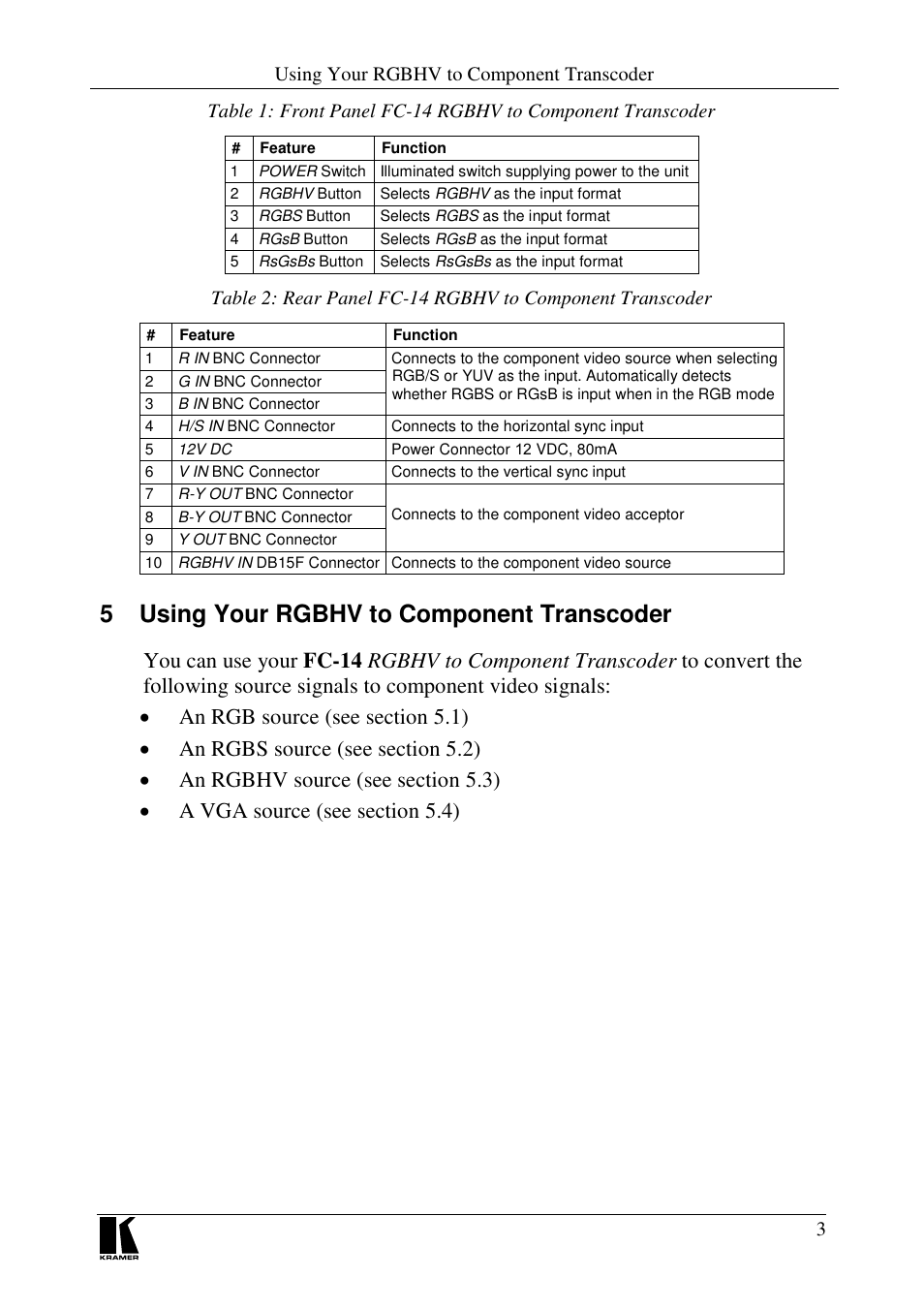 5 using your rgbhv to component transcoder, Using your rgbhv to component transcoder | Kramer Electronics FC-14 User Manual | Page 5 / 12