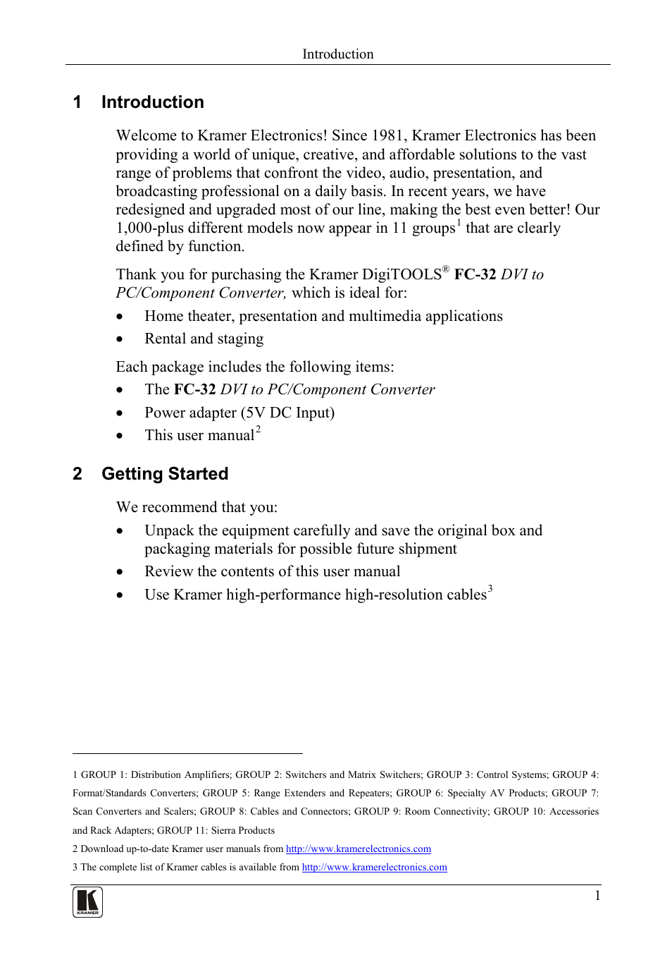 1 introduction, 2 getting started, Introduction | Getting started | Kramer Electronics FC-32 User Manual | Page 3 / 12