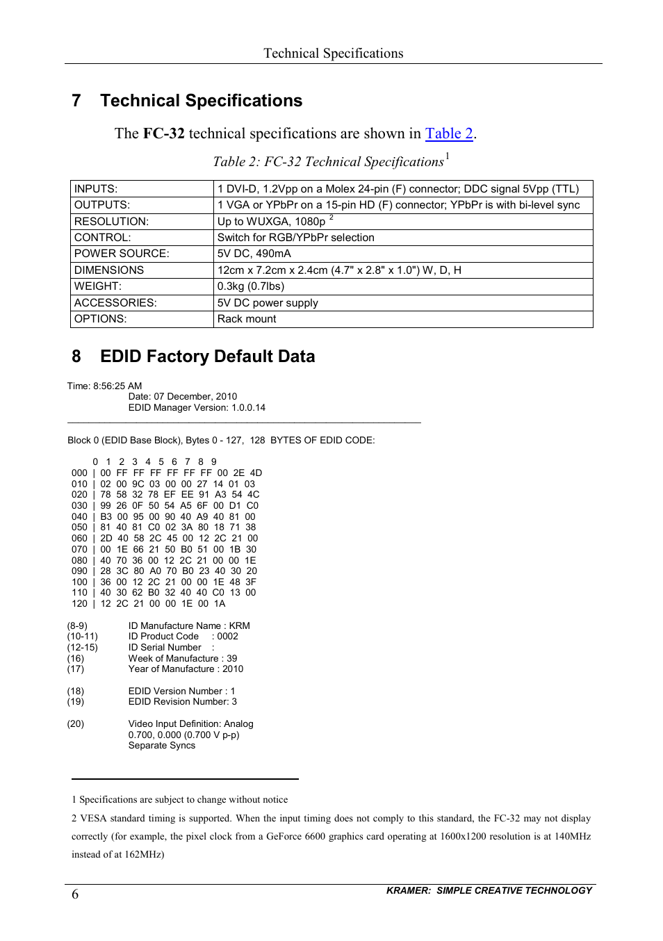 7 technical specifications, 8 edid factory default data, Technical specifications | Edid factory default data, Table 2: fc-32 technical specifications | Kramer Electronics FC-32 User Manual | Page 8 / 12