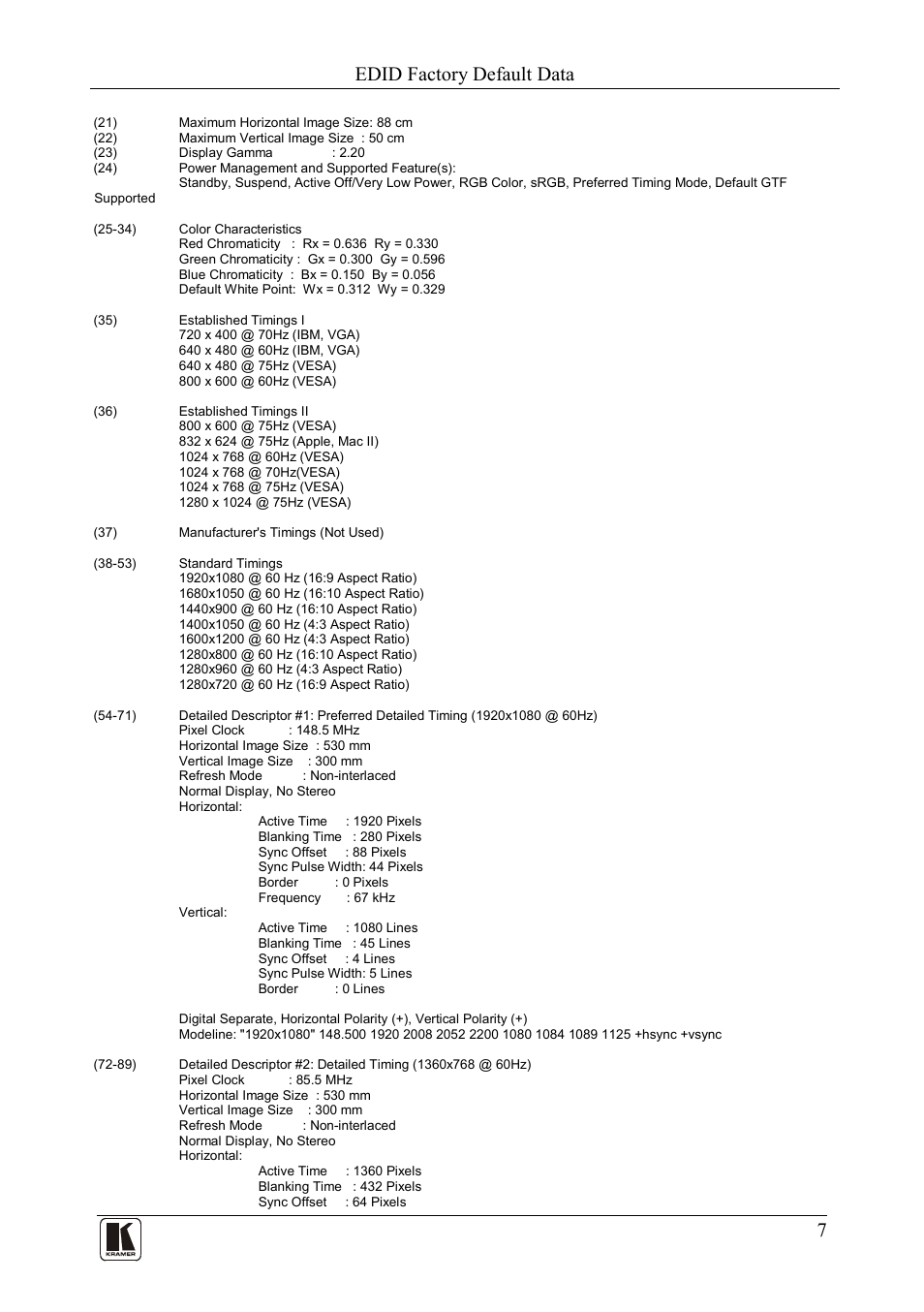 Edid factory default data | Kramer Electronics FC-32 User Manual | Page 9 / 12