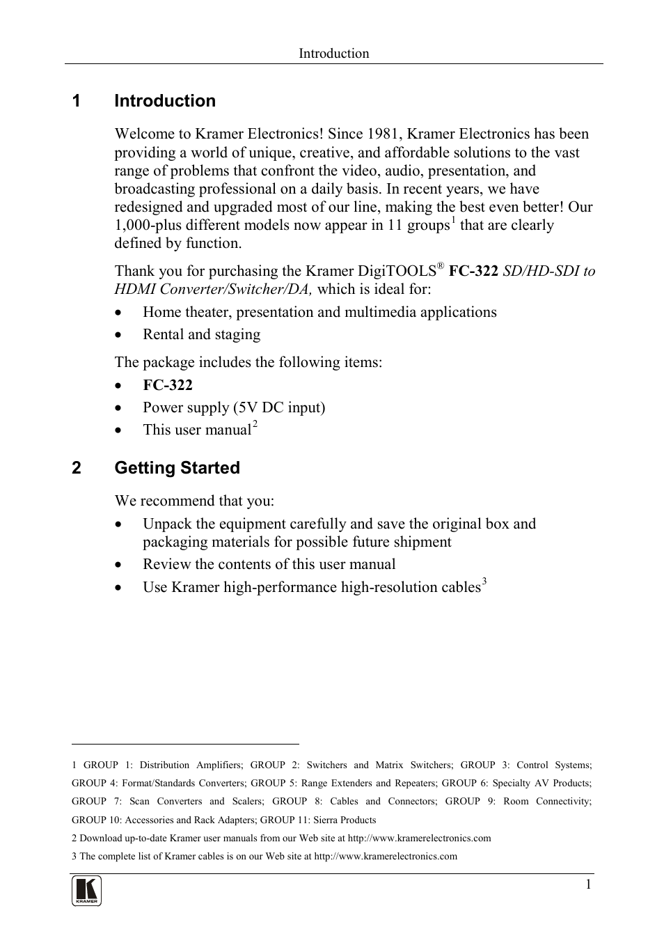 1 introduction, 2 getting started, Introduction | Getting started, 1introduction, 2getting started | Kramer Electronics FC-322 User Manual | Page 3 / 12