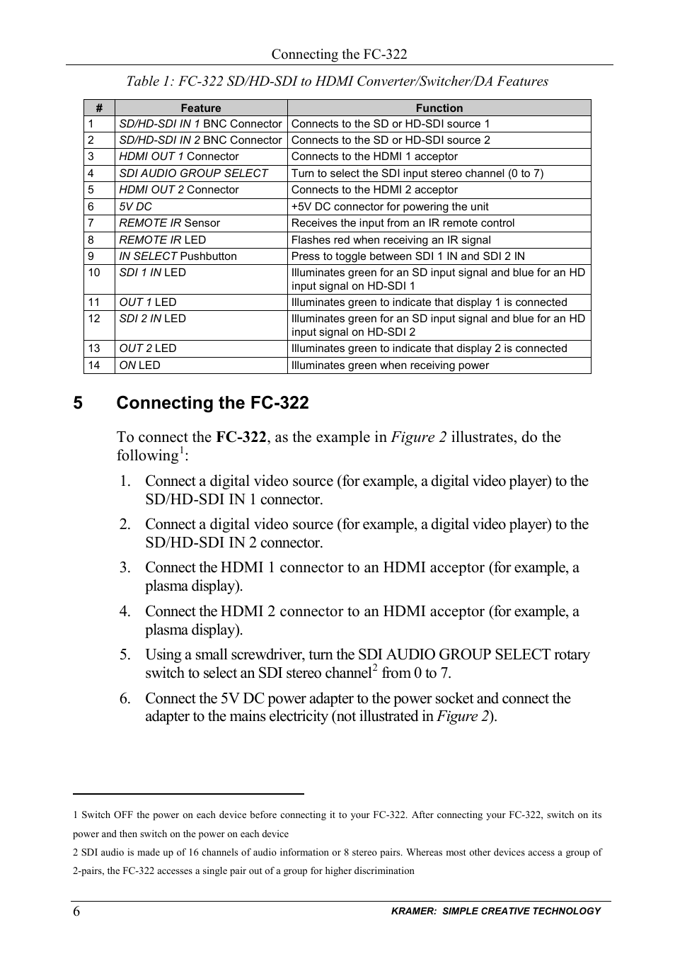 5 connecting the fc-322, Connecting the fc-322, Table 1 | 5connecting the fc-322 | Kramer Electronics FC-322 User Manual | Page 8 / 12