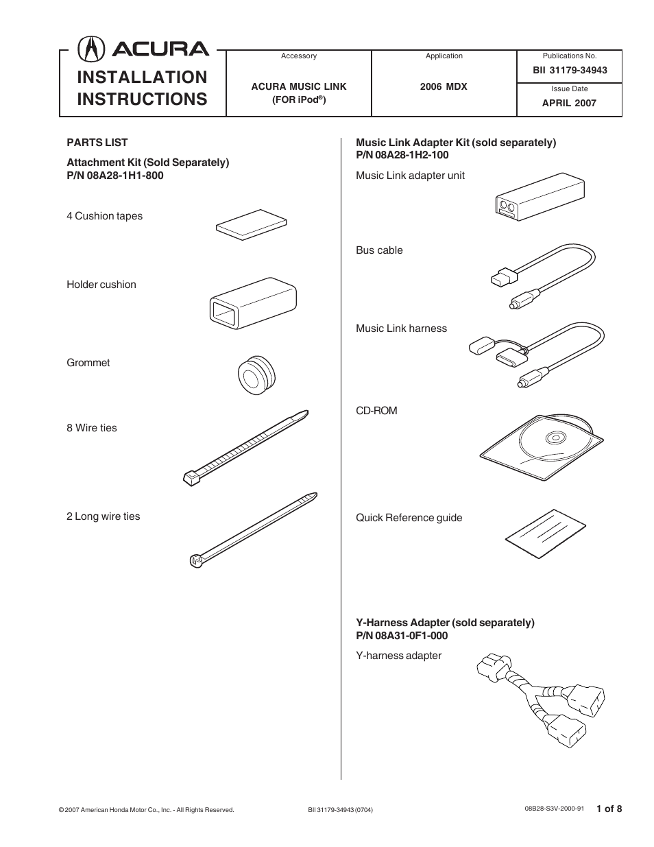 Acura Music Link BII31179-34943 User Manual | 8 pages