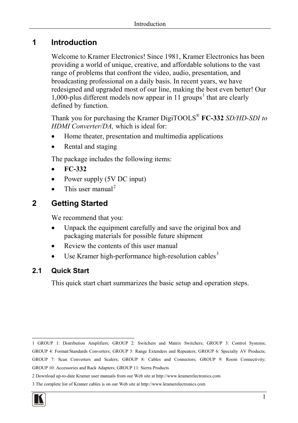 1 introduction, 2 getting started, 1 quick start | Introduction, Getting started, Quick start, 1introduction, 2getting started | Kramer Electronics FC-332 User Manual | Page 3 / 11