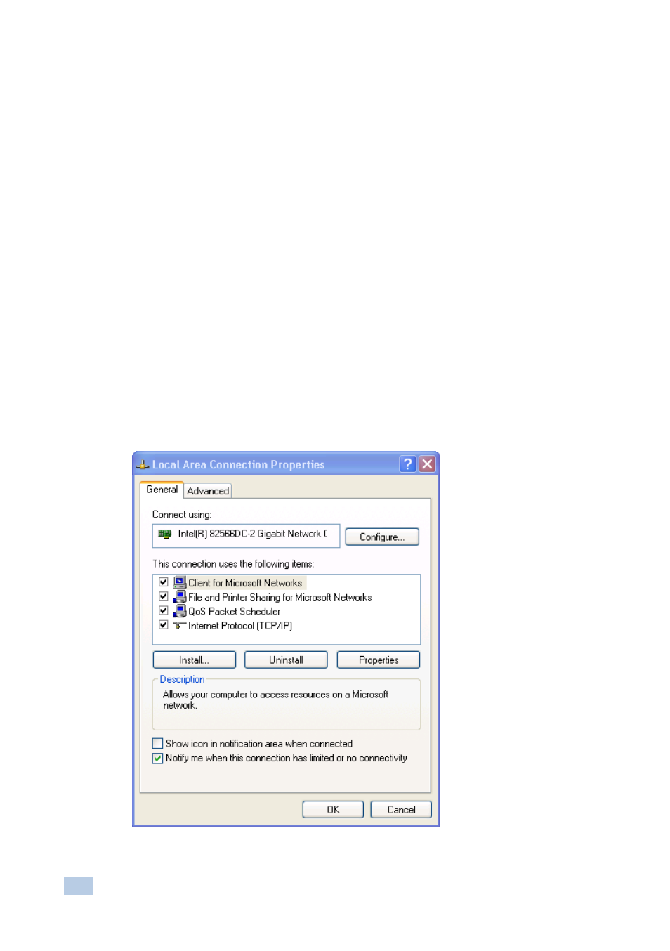 1 connecting the ethernet port directly to a pc, Figure 4: local area connection properties window, Section | Kramer Electronics FC-340 User Manual | Page 13 / 27