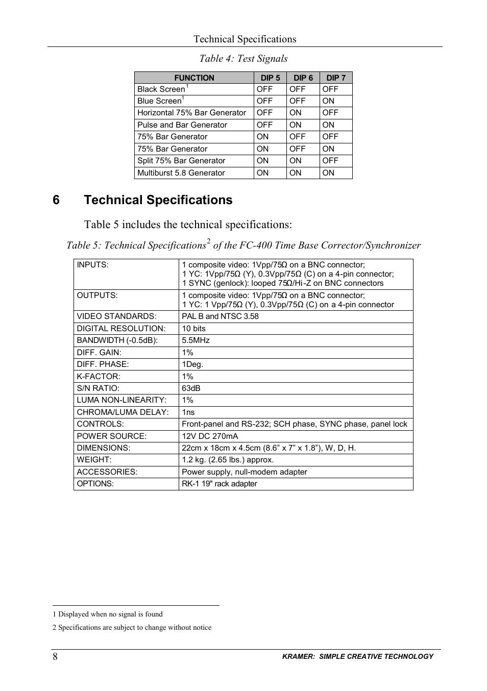 6 technical specifications, Technical specifications, Table 4: test signals | Table 4, 6technical specifications, Table 5 includes the technical specifications, 8table 4: test signals, Table 5: technical specifications, Of the fc-400 time base corrector/synchronizer | Kramer Electronics FC-400 User Manual | Page 10 / 14