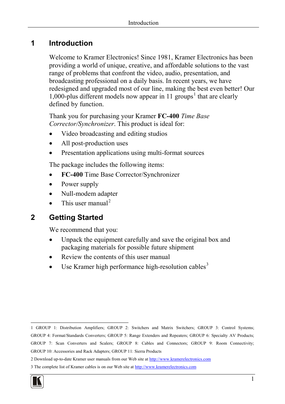 1 introduction, 2 getting started, Introduction | Getting started, 1introduction, 2getting started | Kramer Electronics FC-400 User Manual | Page 3 / 14