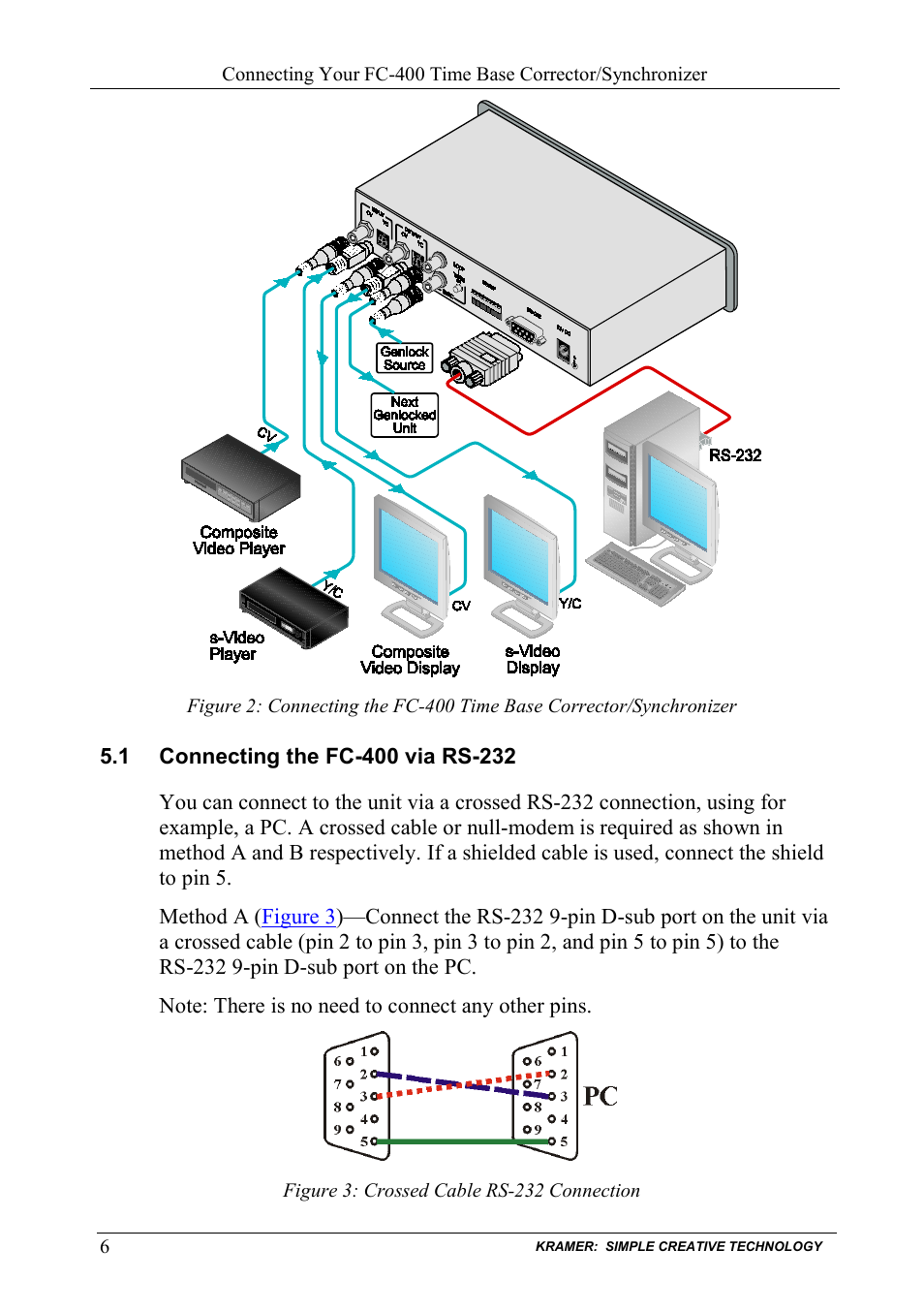 1 connecting the fc-400 via rs-232, Connecting the fc-400 via rs-232, Figure 3: crossed cable rs-232 connection | Figure 2 | Kramer Electronics FC-400 User Manual | Page 8 / 14