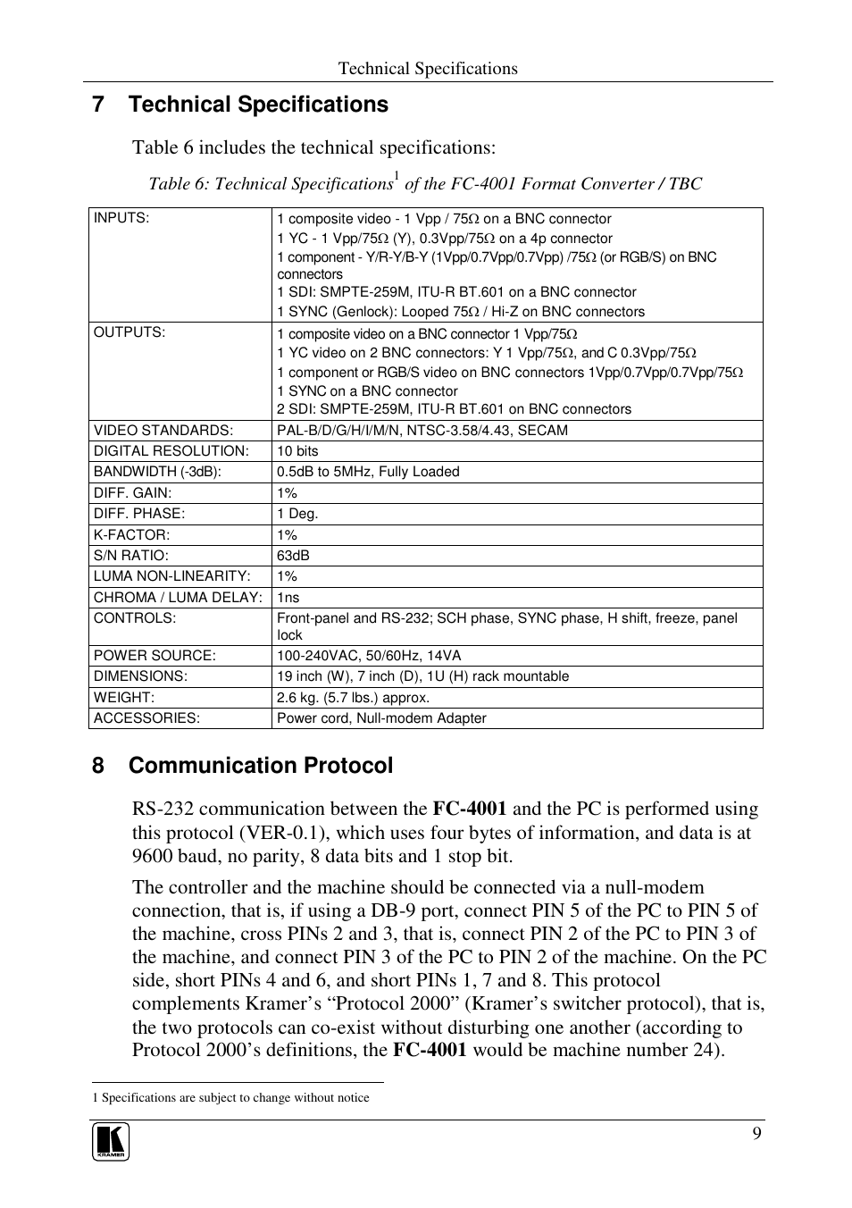 7 technical specifications, 8 communication protocol, Table 6 includes the technical specifications | Kramer Electronics FC-4001 User Manual | Page 11 / 15