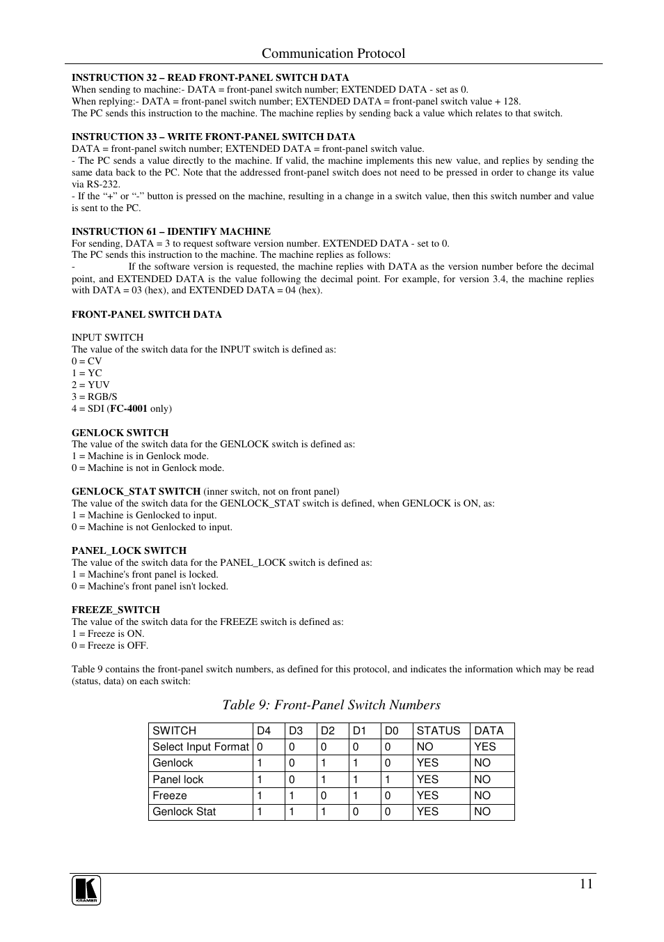 Communication protocol, Table 9: front-panel switch numbers | Kramer Electronics FC-4001 User Manual | Page 13 / 15