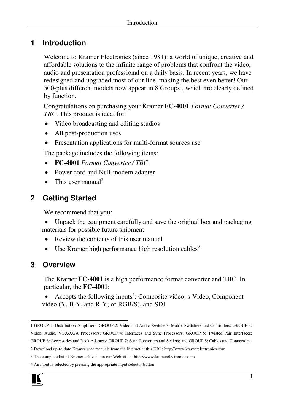 1 introduction, 2 getting started, 3 overview | Kramer Electronics FC-4001 User Manual | Page 3 / 15