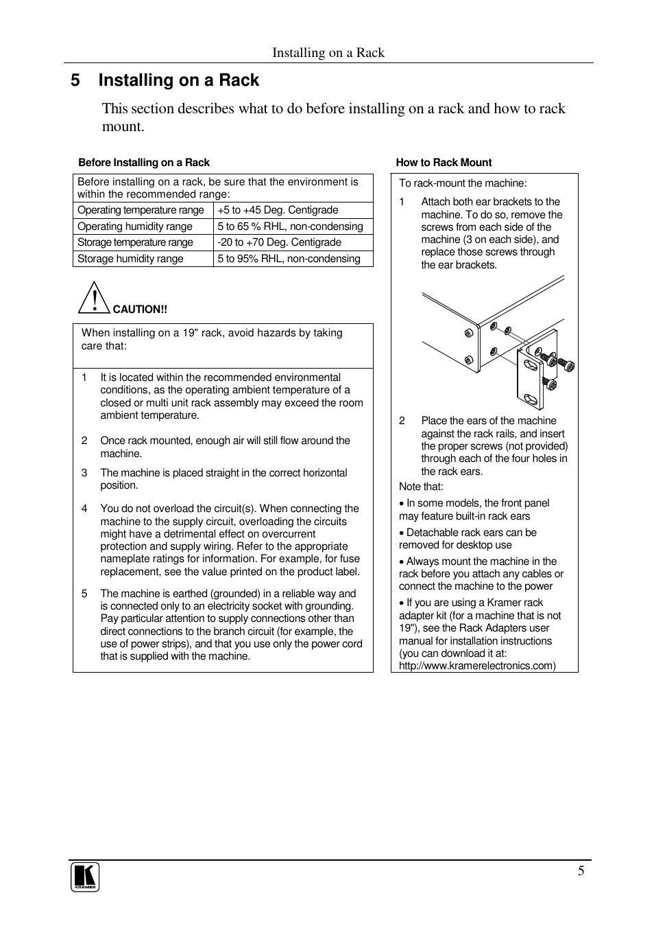 5 installing on a rack, Installing on a rack | Kramer Electronics FC-4001 User Manual | Page 7 / 15
