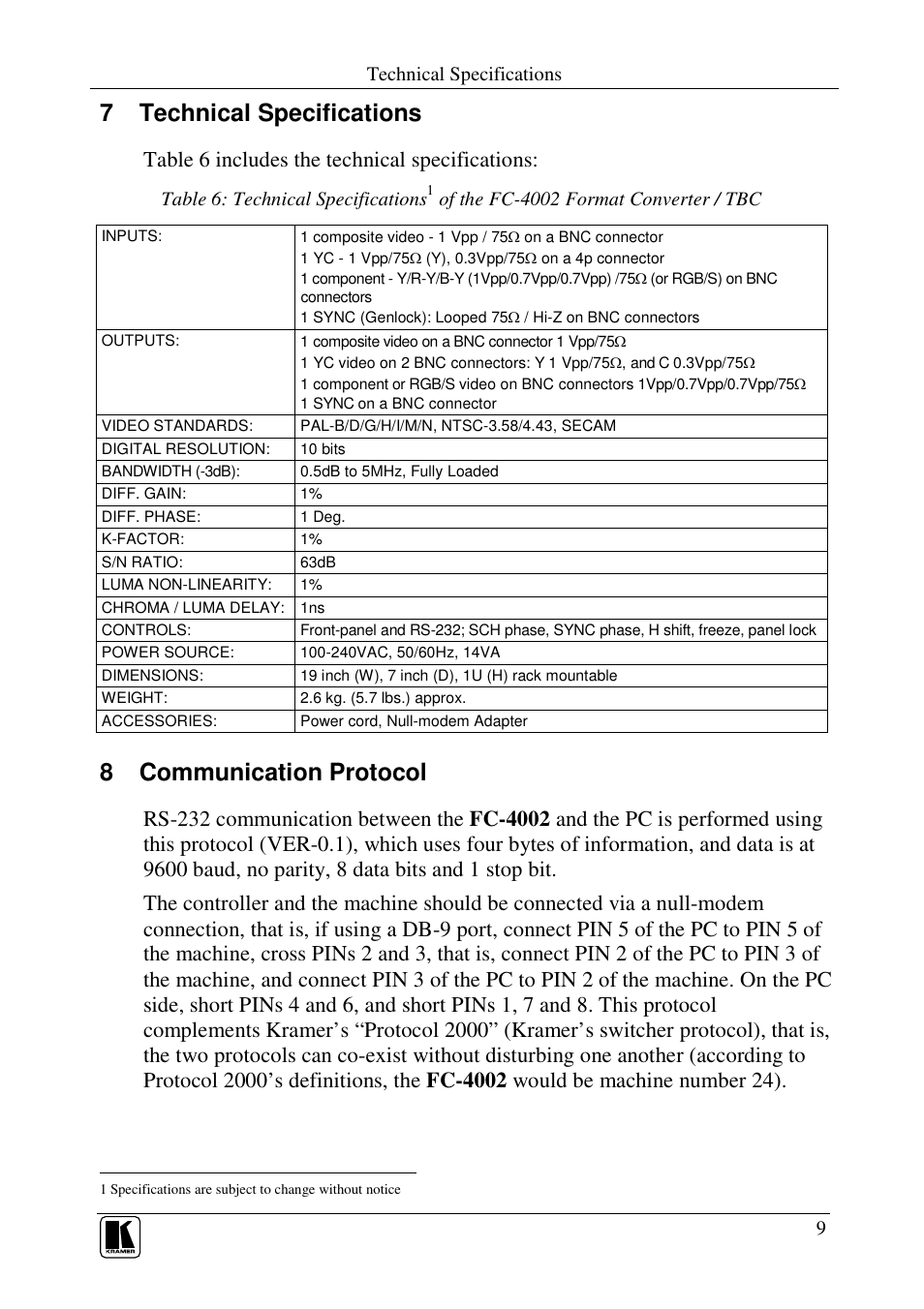 7 technical specifications, 8 communication protocol, Table 6 includes the technical specifications | Kramer Electronics FC-4002 User Manual | Page 11 / 15