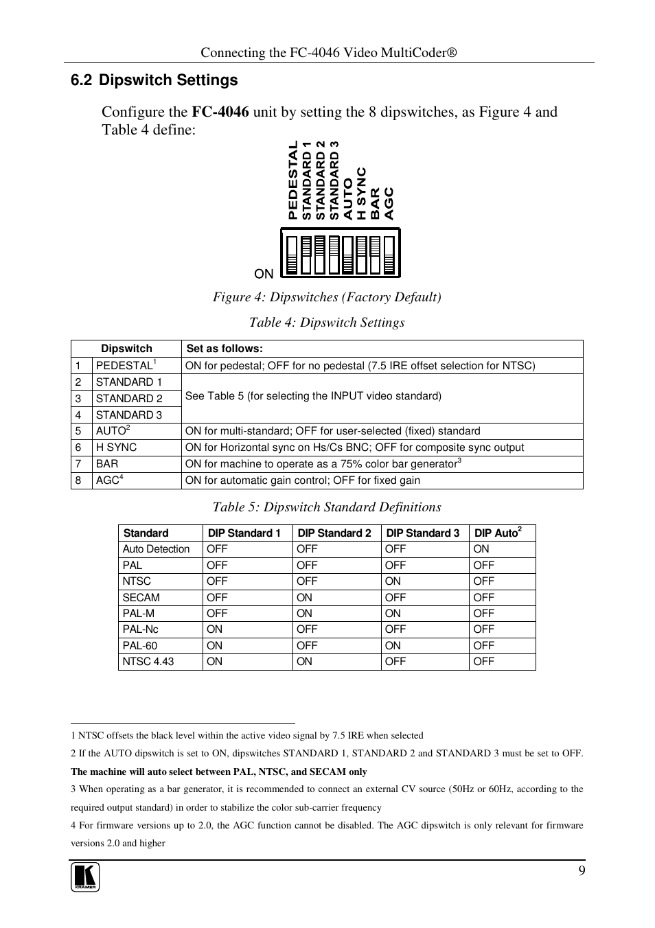 Connecting the fc-4046 video multicoder, Table 5: dipswitch standard definitions | Kramer Electronics FC-4046 User Manual | Page 11 / 15