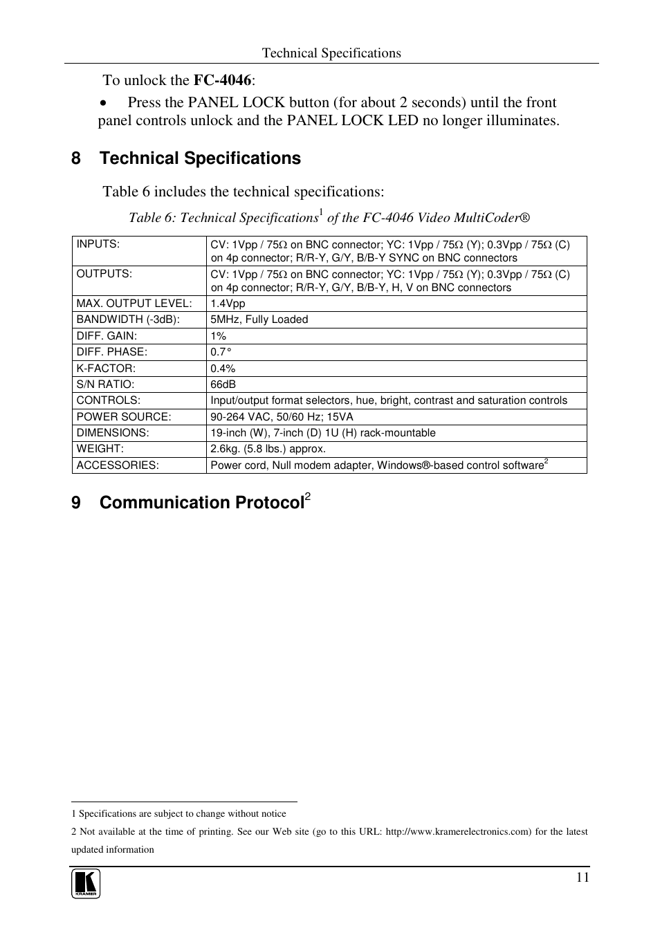 8 technical specifications, 9 communication protocol, Table 6 includes the technical specifications | Kramer Electronics FC-4046 User Manual | Page 13 / 15