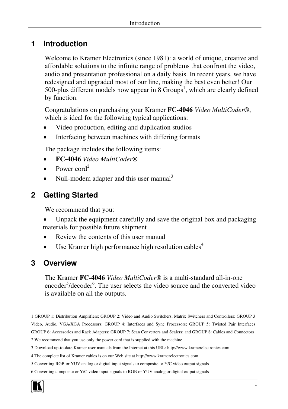 1 introduction, 2 getting started, 3 overview | Kramer Electronics FC-4046 User Manual | Page 3 / 15