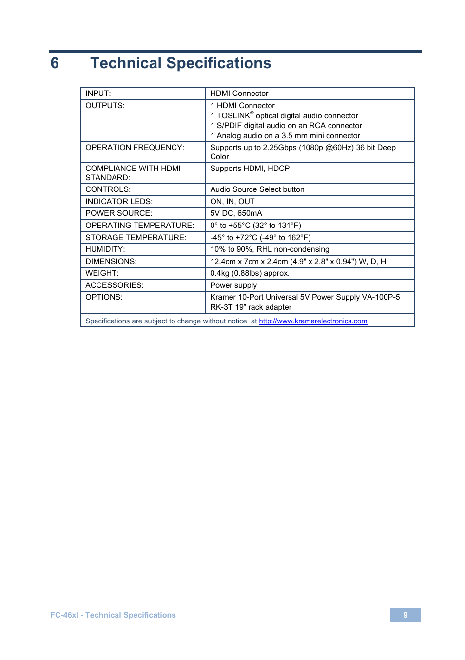 6 technical specifications, Technical specifications | Kramer Electronics FC-46xl User Manual | Page 12 / 14