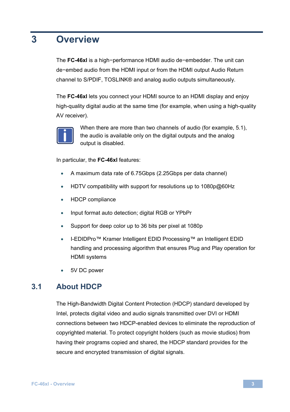 3 overview, 1 about hdcp, Overview | About hdcp | Kramer Electronics FC-46xl User Manual | Page 6 / 14