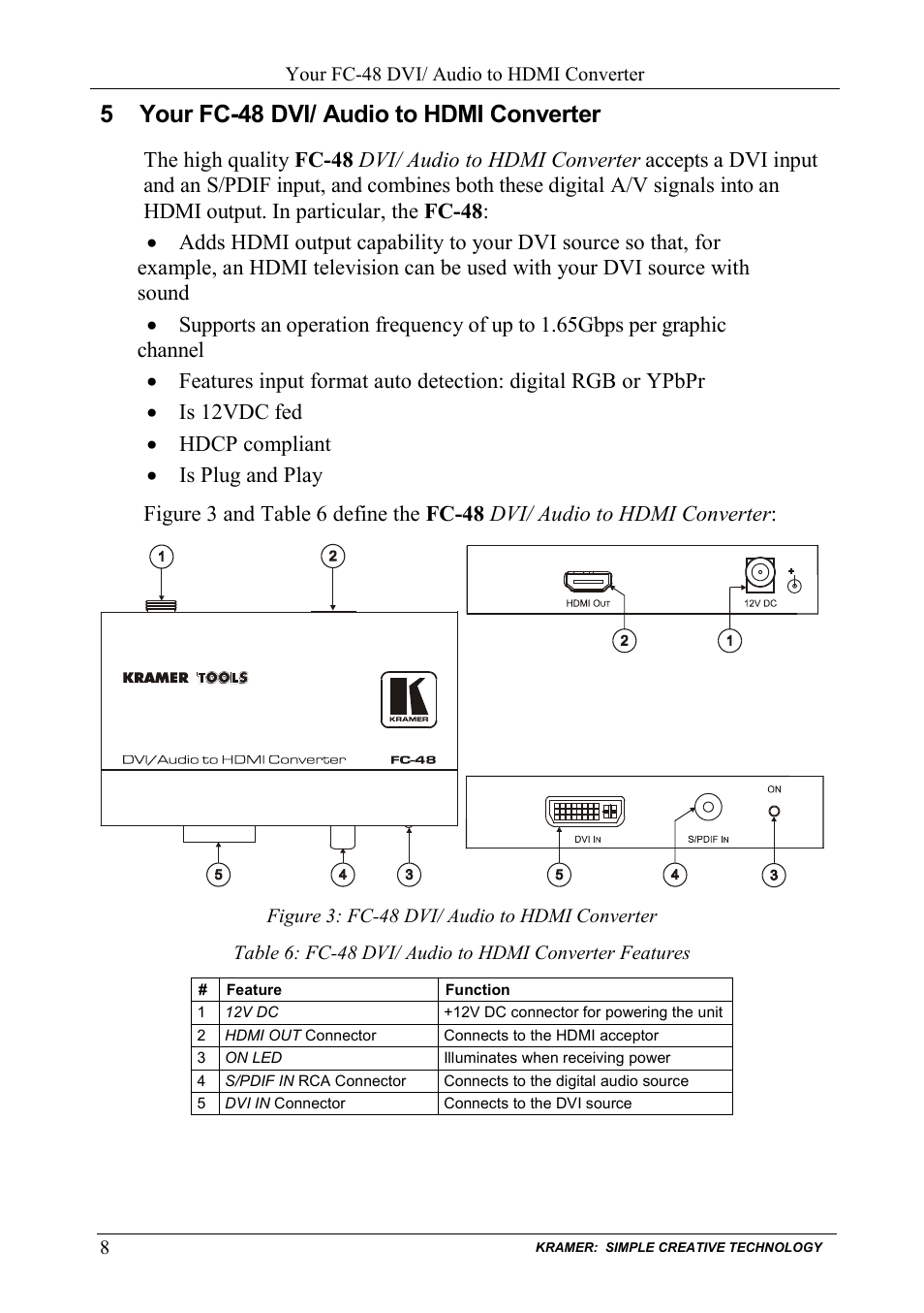 5 your fc48 dvi/ audio to hdmi converter, Your fc-48 dvi/ audio to hdmi converter, Figure 3: fc-48 dvi/ audio to hdmi converter | 5 your fc-48 dvi/ audio to hdmi converter | Kramer Electronics FC-48 User Manual | Page 10 / 14