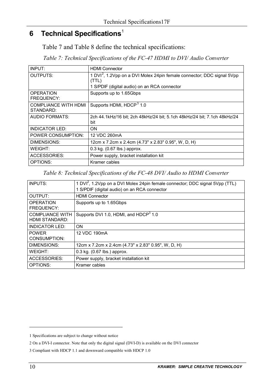6 technical specifications, Technical specifications, Table 7 | And table 8 define the technical specifications, Technical specifications17f | Kramer Electronics FC-48 User Manual | Page 12 / 14