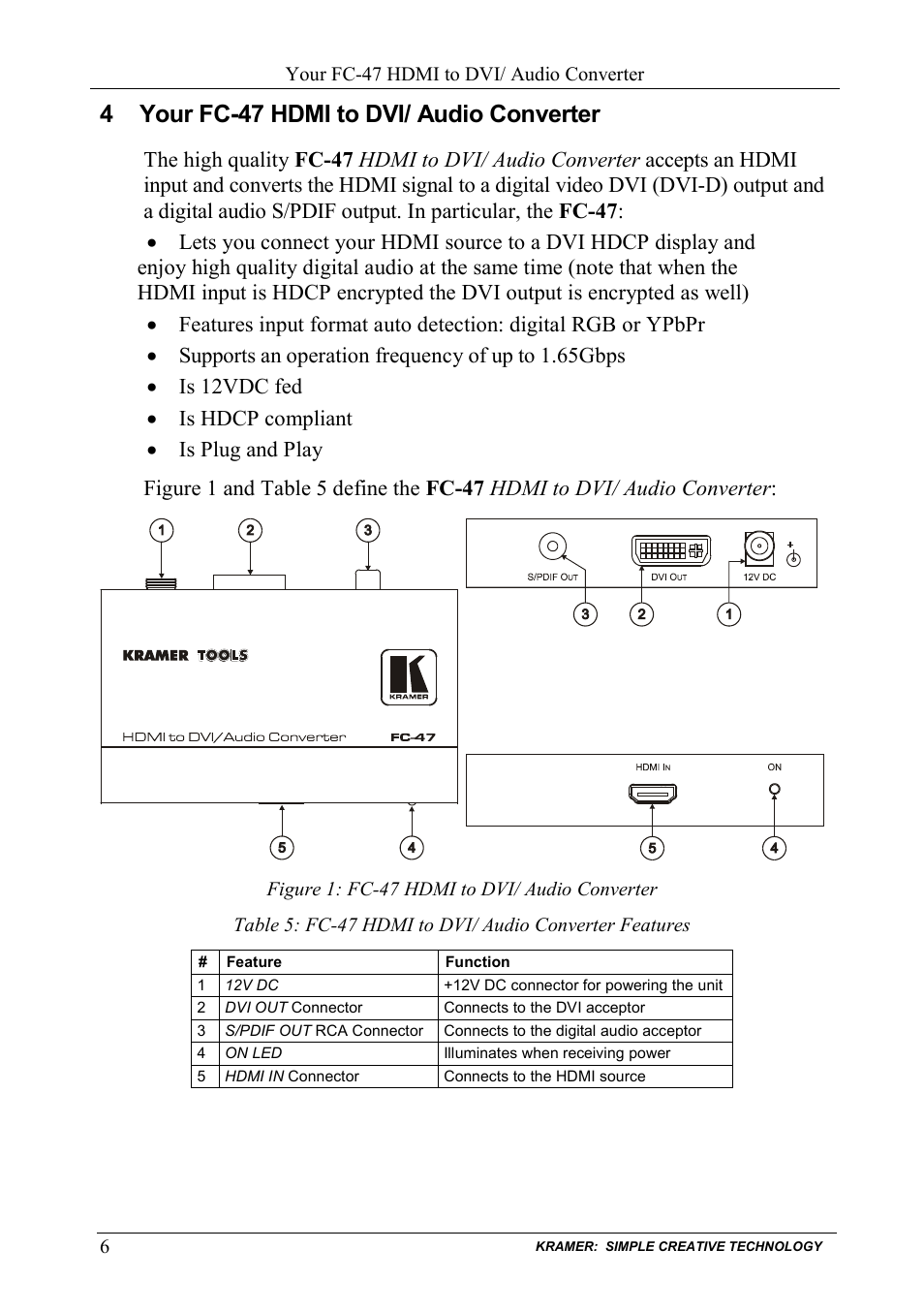 4 your fc47 hdmi to dvi/ audio converter, Your fc-47 hdmi to dvi/ audio converter, Figure 1: fc-47 hdmi to dvi/ audio converter | 4 your fc-47 hdmi to dvi/ audio converter | Kramer Electronics FC-48 User Manual | Page 8 / 14