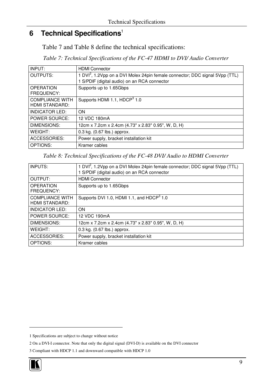 6 technical specifications, Technical specifications | Kramer Electronics FC-48 User Manual | Page 11 / 13
